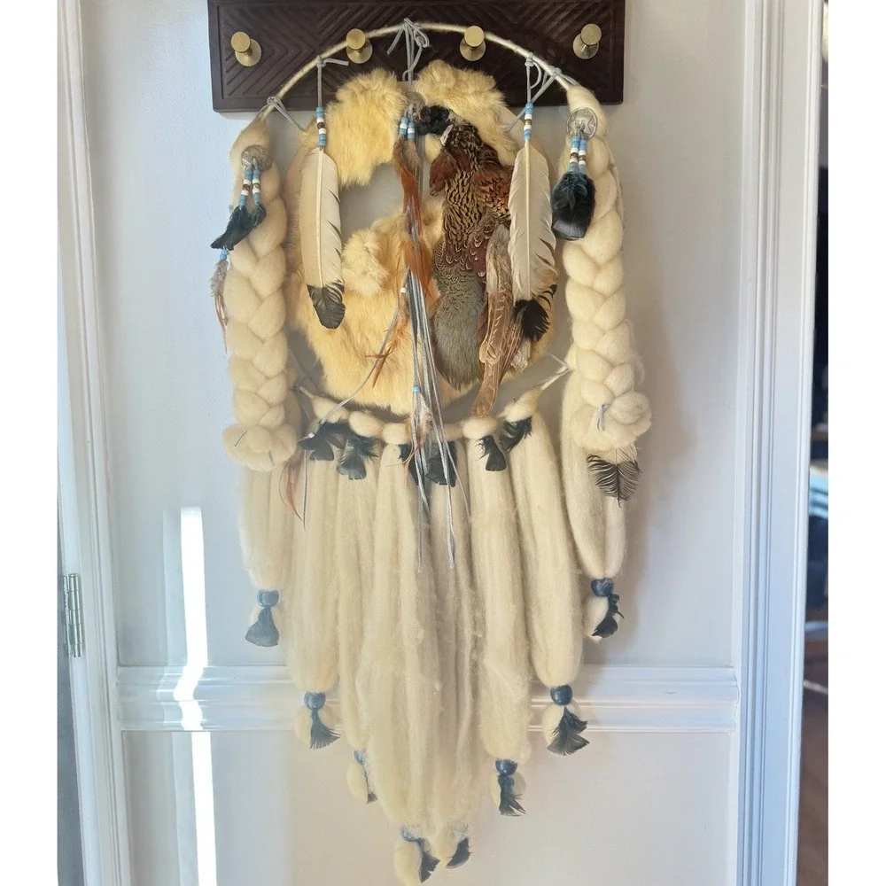Vintage Native Large Dream Catcher‎ Wall Hanging Fur Feathers 41